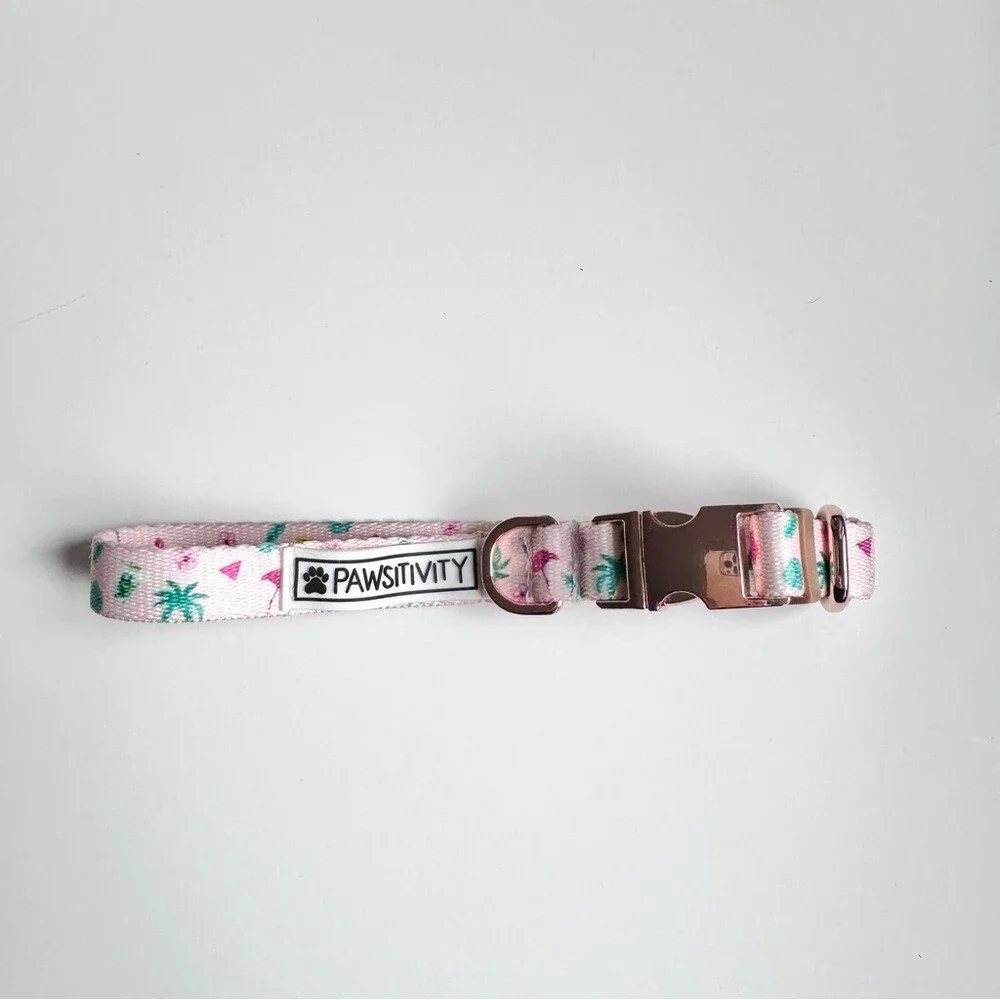 Pawsitivity Pink Pet Collar with Palm Trees Flamingos Rose Gold Clasp